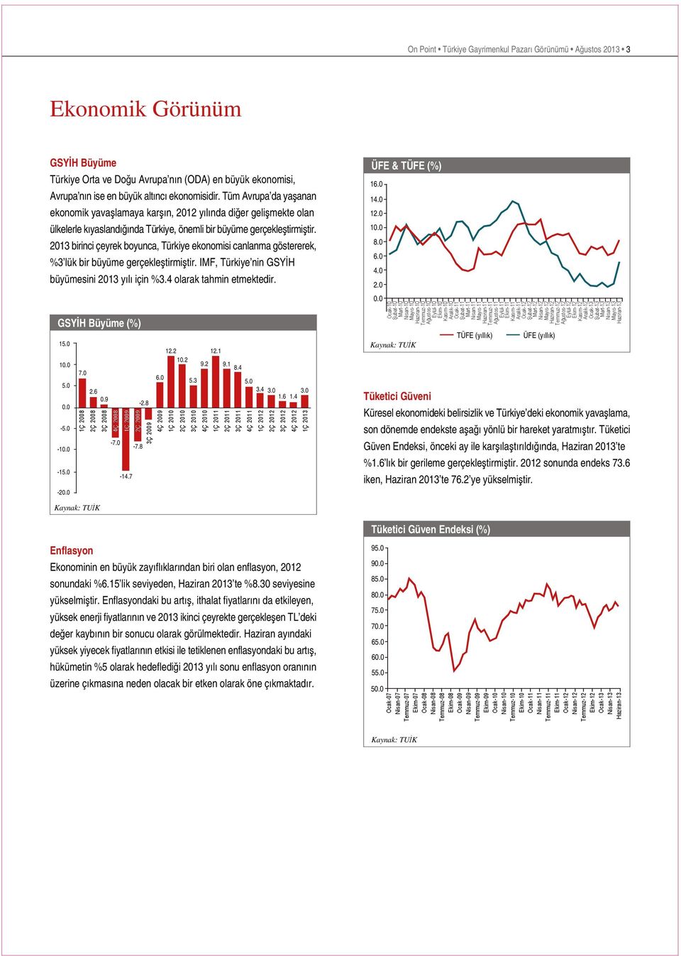 2013 birinci çeyrek boyunca, Türkiye ekonomisi canlanma göstererek, %3 lük bir büyüme gerçekleştirmiştir. IMF, Türkiye nin GSYİH büyümesini 2013 yılı için %3.4 olarak tahmin etmektedir.