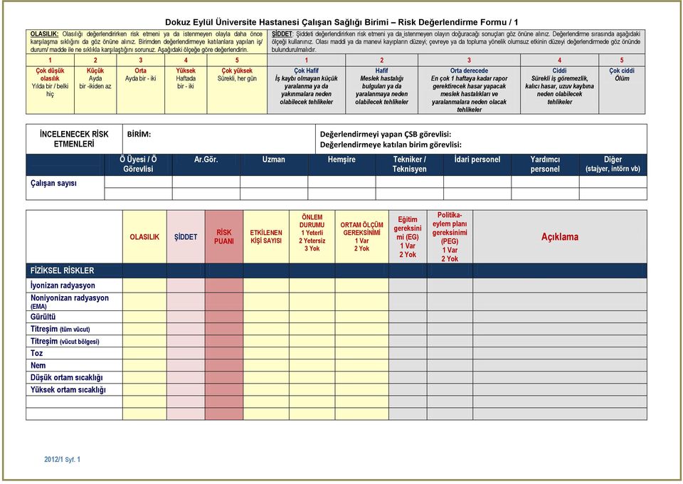 Dokuz Eylül Üniversite Hastanesi Çalışan Sağlığı Birimi Risk Değerlendirme Formu / 1 : Şiddeti değerlendirirken risk etmeni ya da istenmeyen olayın doğuracağı sonuçları göz önüne alınız.