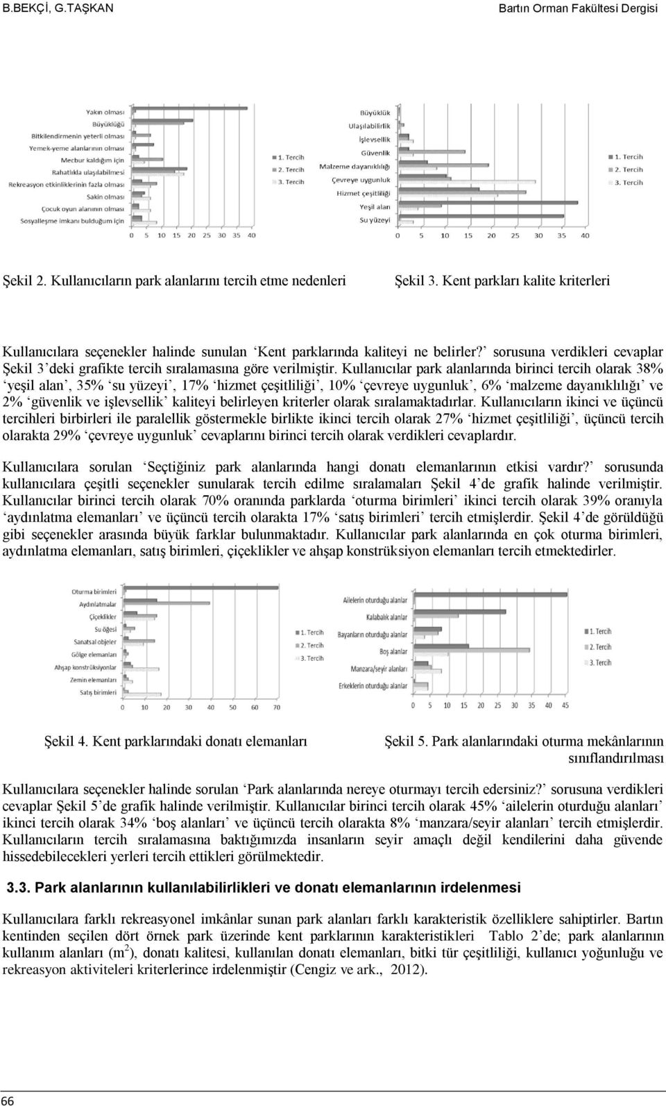 Kullanıcılar park alanlarında birinci tercih olarak 38% yeşil alan, 35% su yüzeyi, 17% hizmet çeşitliliği, 10% çevreye uygunluk, 6% malzeme dayanıklılığı ve 2% güvenlik ve işlevsellik kaliteyi