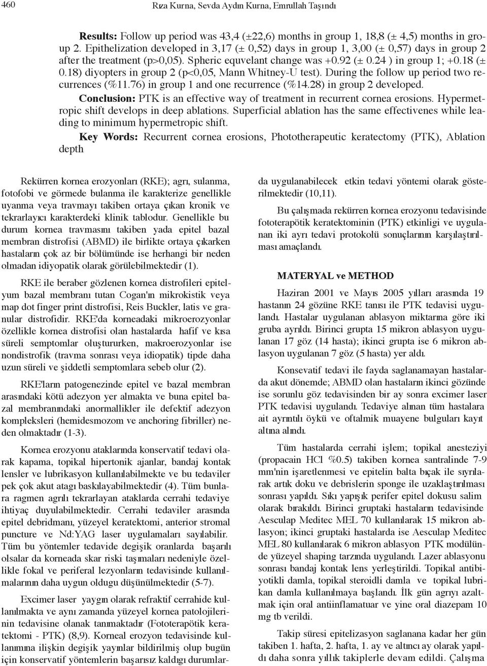 8) diyopters in group (p<,5, Mann Whitney-U test). During the follow up period two recurrences (%.7) in group and one recurrence (%.8) in group developed.