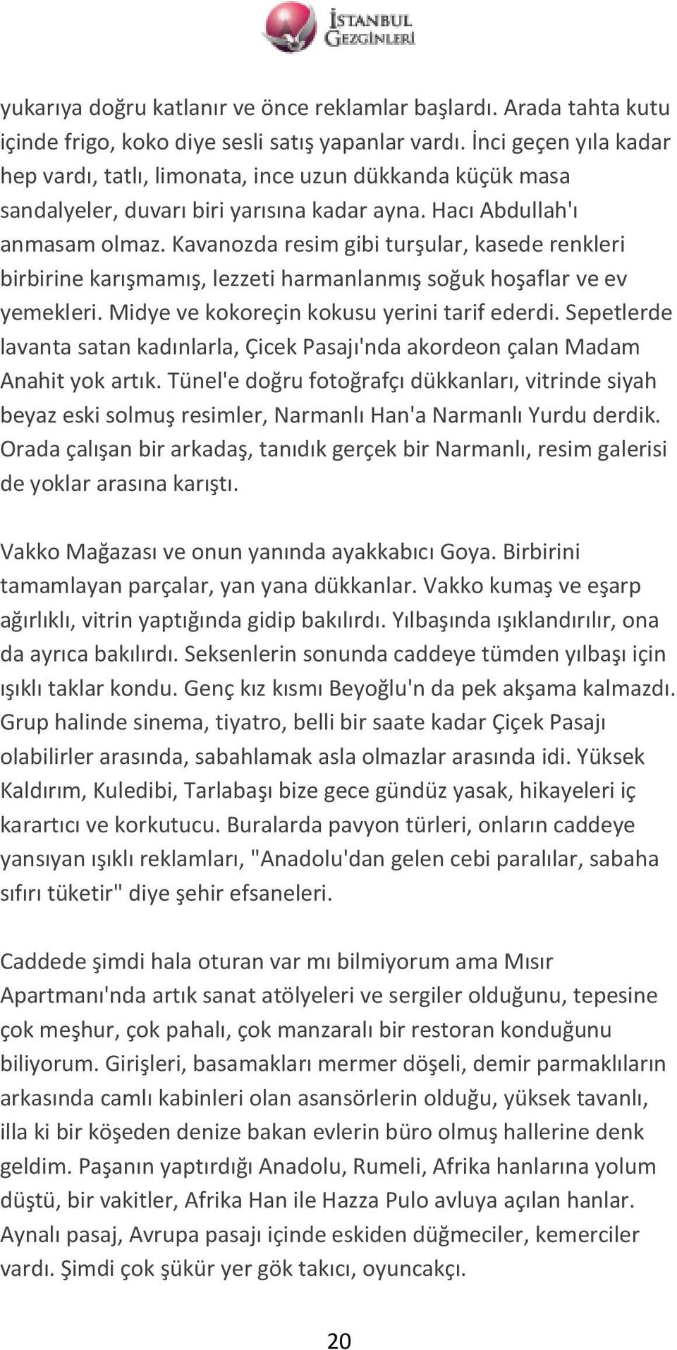 Kavanozda resim gibi turşular, kasede renkleri birbirine karışmamış, lezzeti harmanlanmış soğuk hoşaflar ve ev yemekleri. Midye ve kokoreçin kokusu yerini tarif ederdi.