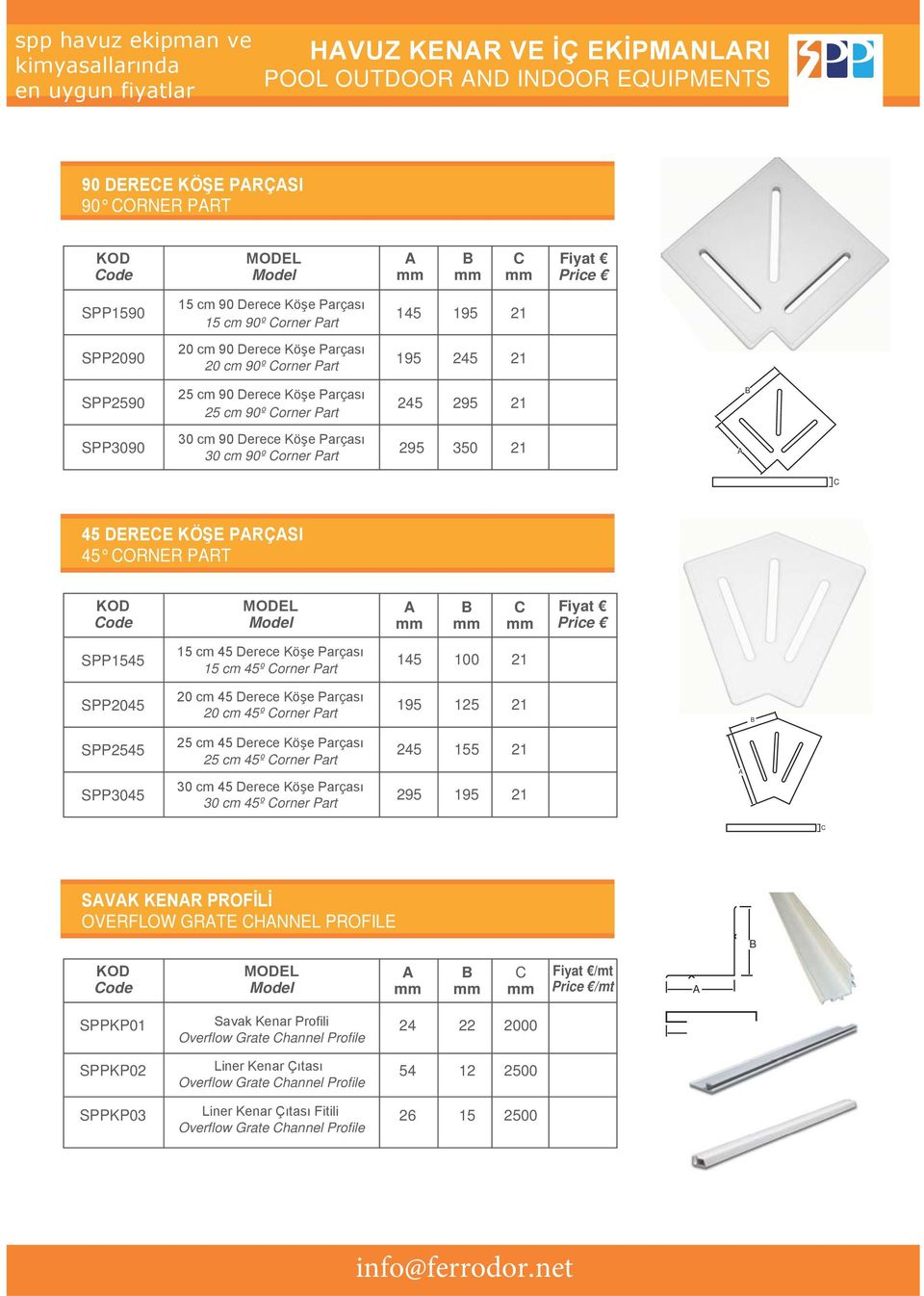 45º orner Part 195 125 SPP2545 SPP3045 25 cm 45º orner Part 30 cm 45º orner Part 245 295 155 195 OVERFLOW GRTE HNNEL PROFILE Model Fiyat /mt Price