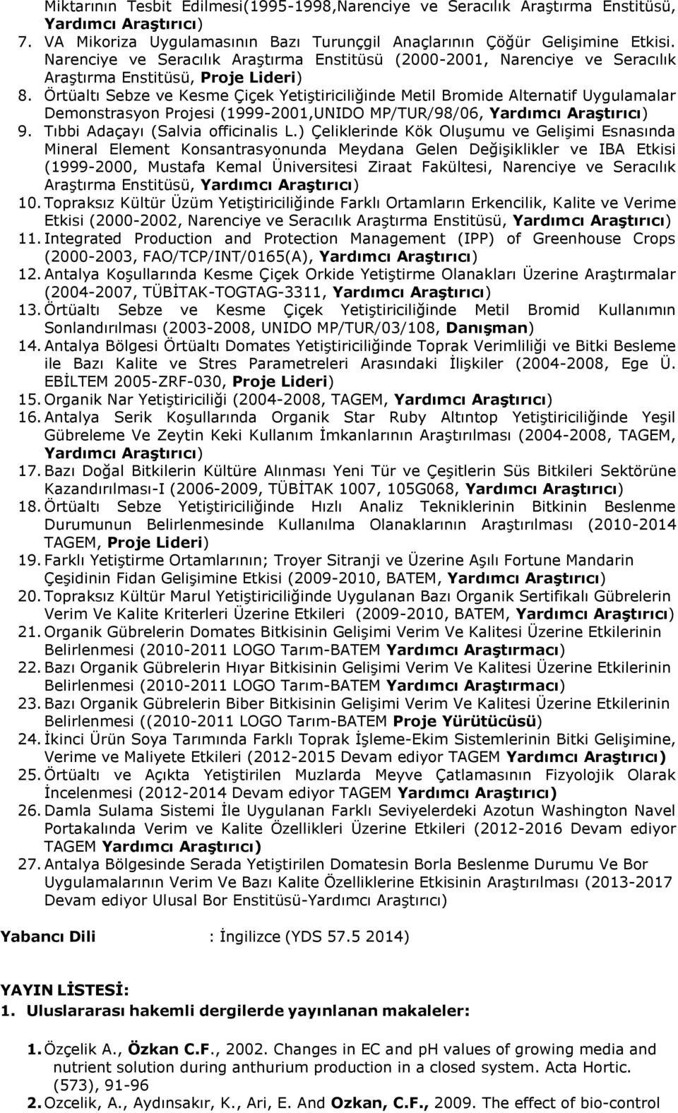 Örtüaltı Sebze ve Kesme Çiçek Yetiştiriciliğinde Metil Bromide Alternatif Uygulamalar Demonstrasyon Projesi (1999-2001,UNIDO MP/TUR/98/06, Yardımcı Araştırıcı) 9. Tıbbi Adaçayı (Salvia officinalis L.