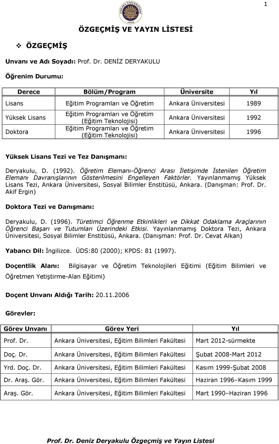 Teknolojisi) Eğitim Programları ve Öğretim (Eğitim Teknolojisi) Ankara Üniversitesi 1992 Ankara Üniversitesi 1996 Yüksek Lisans Tezi ve Tez Danışmanı: Deryakulu, D. (1992).