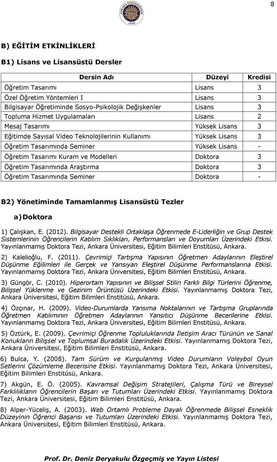 Tasarımı Kuram ve Modelleri Doktora 3 Öğretim Tasarımında Araştırma Doktora 3 Öğretim Tasarımında Seminer Doktora - B2) Yönetiminde Tamamlanmış Lisansüstü Tezler a) Doktora 1) Çalışkan, E. (2012).