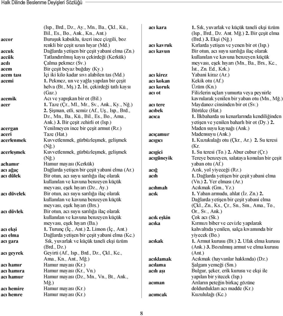 ) Dağlarda yetişen bir çeşit yabani elma (Zn.) Tatland r lm ş kays çekirdeği (Kerkük) Çalma pekmez (Sv.) Bir çeşit beyaz buğday (Ky.) İçi iki kilo kadar s v alabilen tas (Md.) 1.