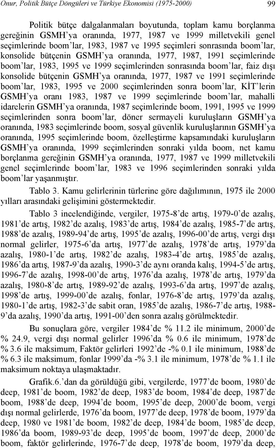 lar, faiz dışı konsolide bütçenin GSMH ya oranında, 1977, 1987 ve 1991 seçimlerinde boom lar, 1983, 1995 ve 2000 seçimlerinden sonra boom lar, KİT lerin GSMH ya oranı 1983, 1987 ve 1999 seçimlerinde