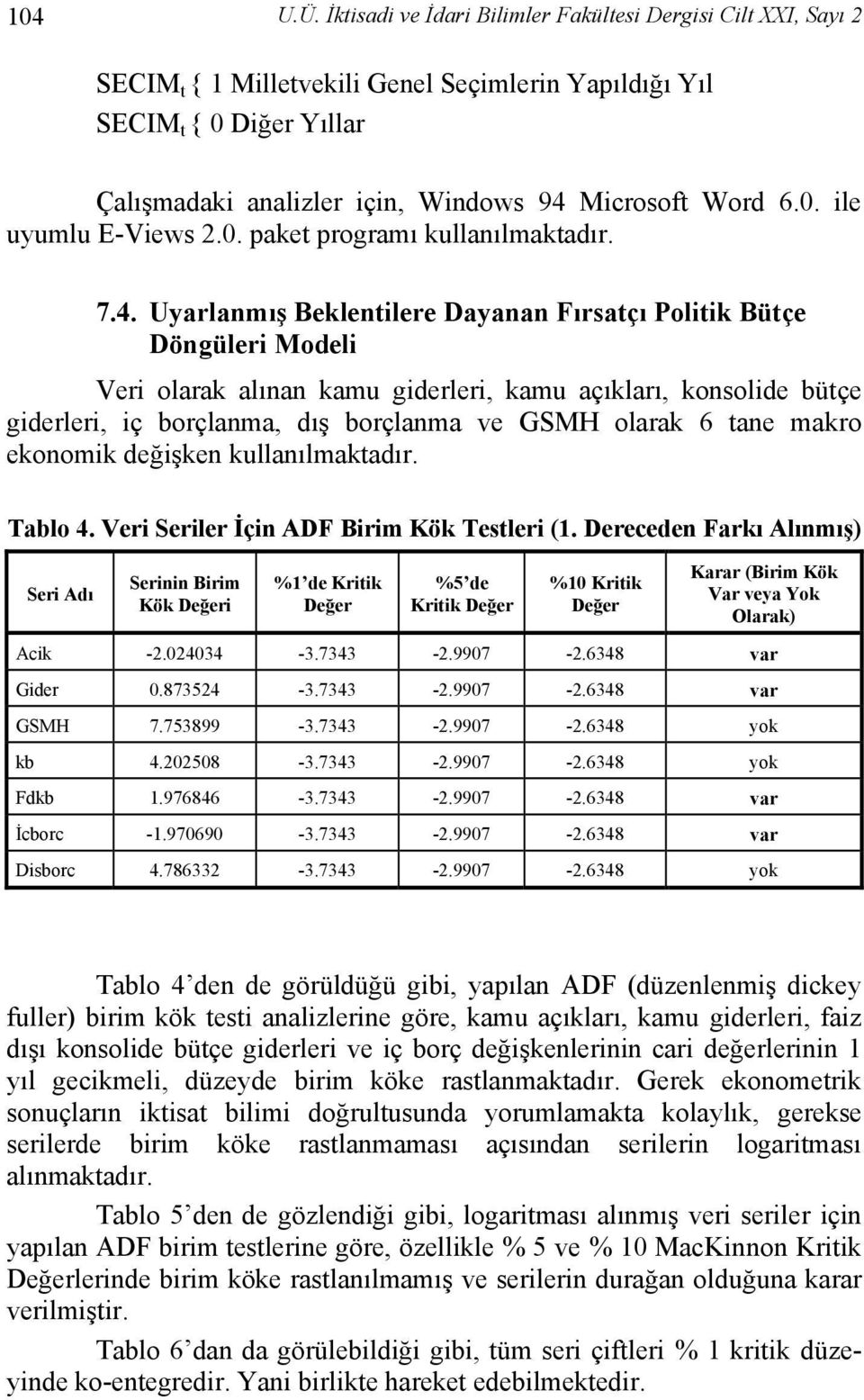 0. ile uyumlu E-Views 2.0. paket programı kullanılmaktadır. 7.4.