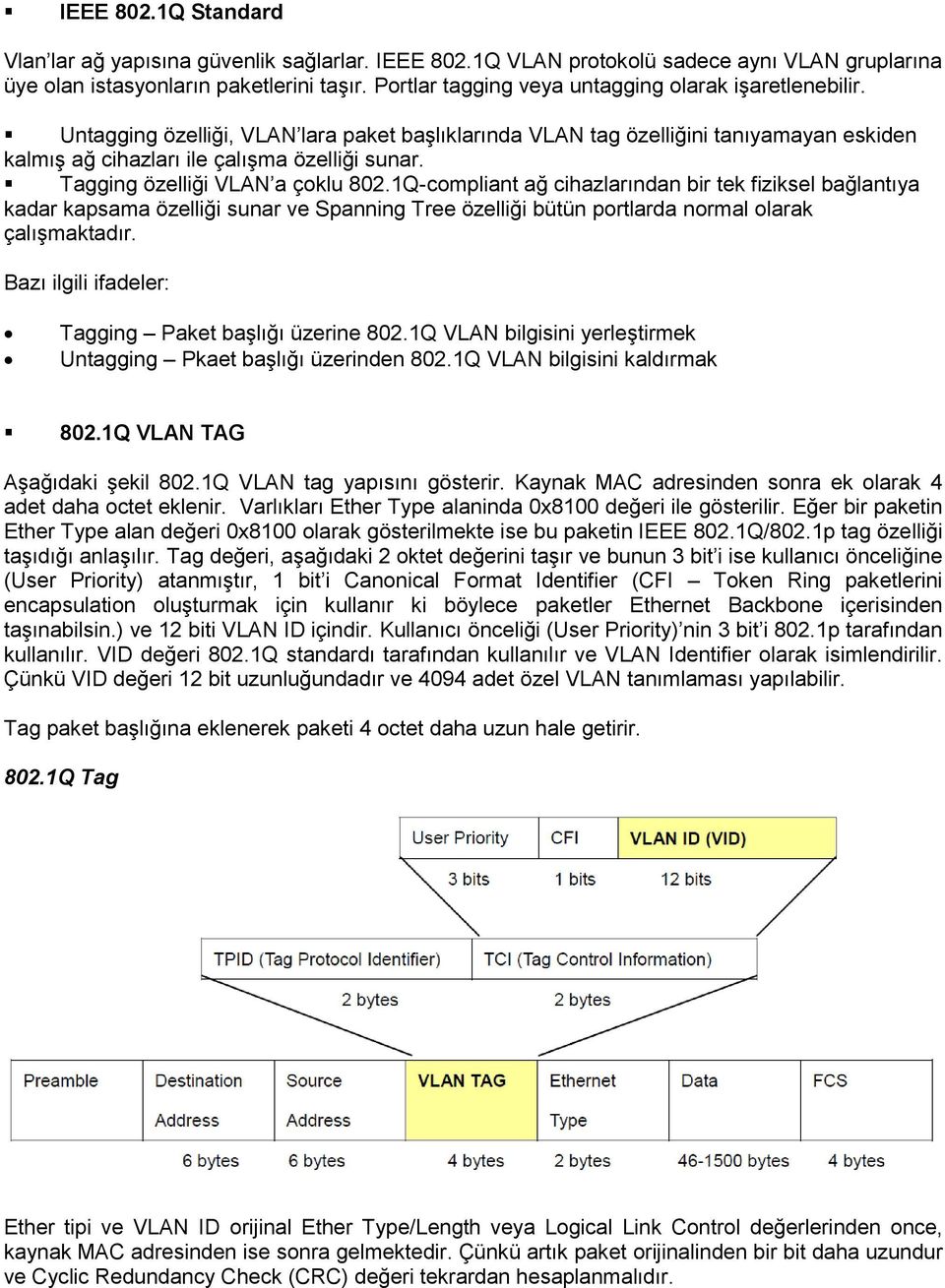 Tagging özelliği VLAN a çoklu 802.1Q-compliant ağ cihazlarından bir tek fiziksel bağlantıya kadar kapsama özelliği sunar ve Spanning Tree özelliği bütün portlarda normal olarak çalışmaktadır.