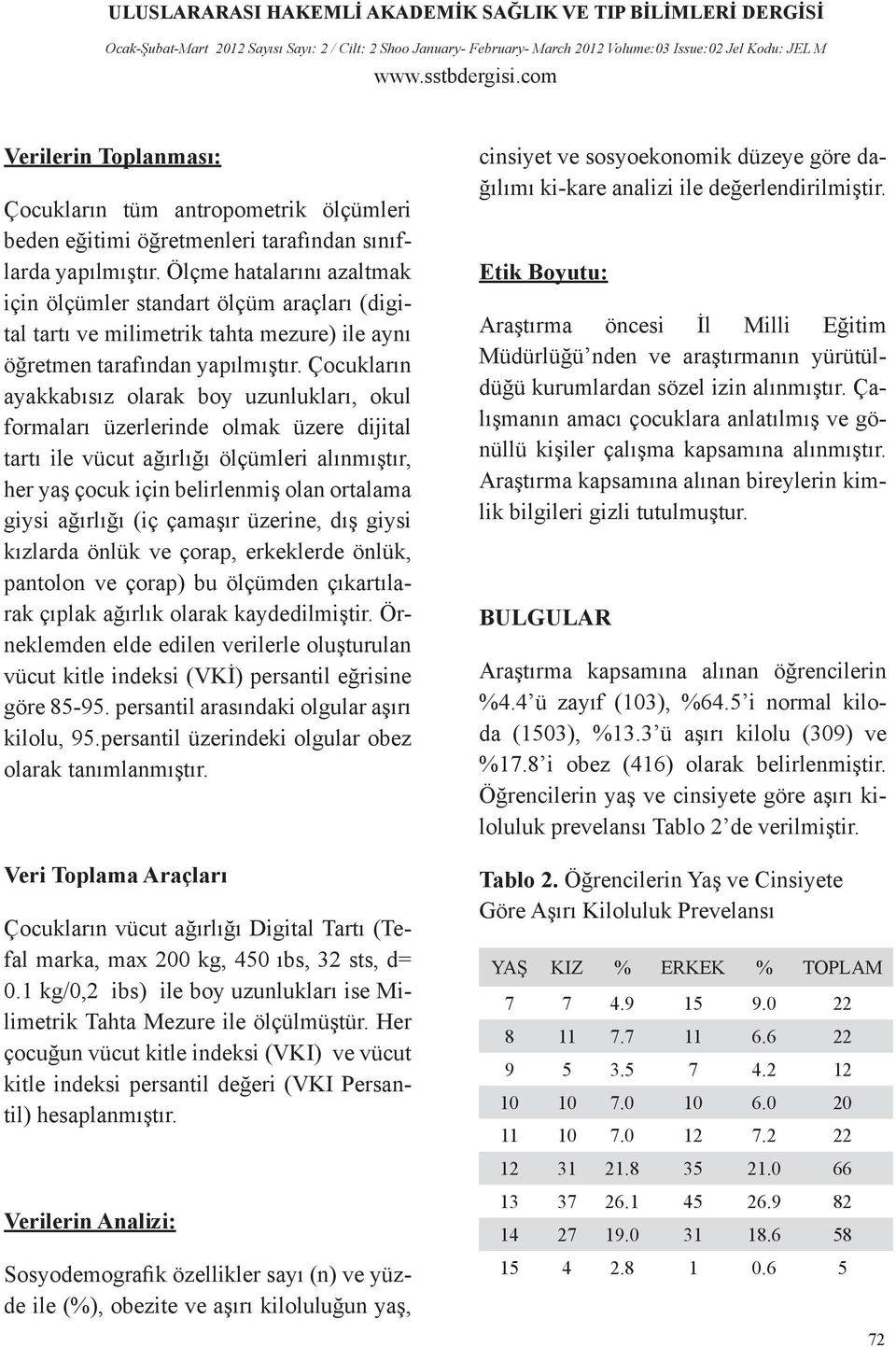 Çocukların ayakkabısız olarak boy uzunlukları, okul formaları üzerlerinde olmak üzere dijital tartı ile vücut ağırlığı ölçümleri alınmıştır, her yaş çocuk için belirlenmiş olan ortalama giysi