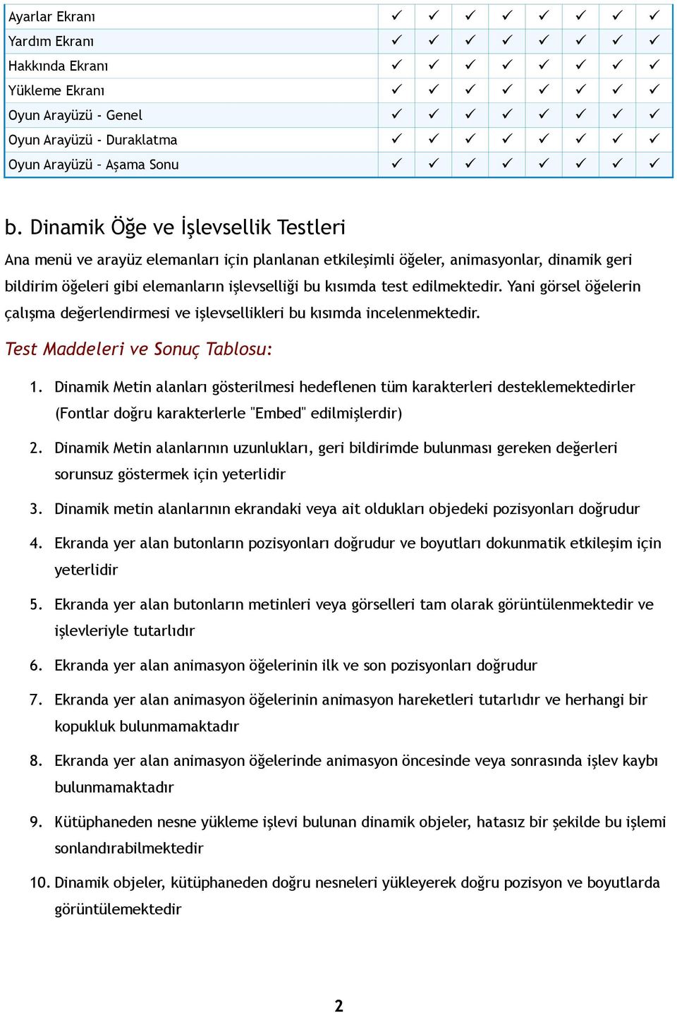 Dinamik Öğe ve İşlevsellik Testleri Ana menü ve arayüz elemanları için planlanan etkileşimli öğeler, animasyonlar, dinamik geri bildirim öğeleri gibi elemanların işlevselliği bu kısımda test