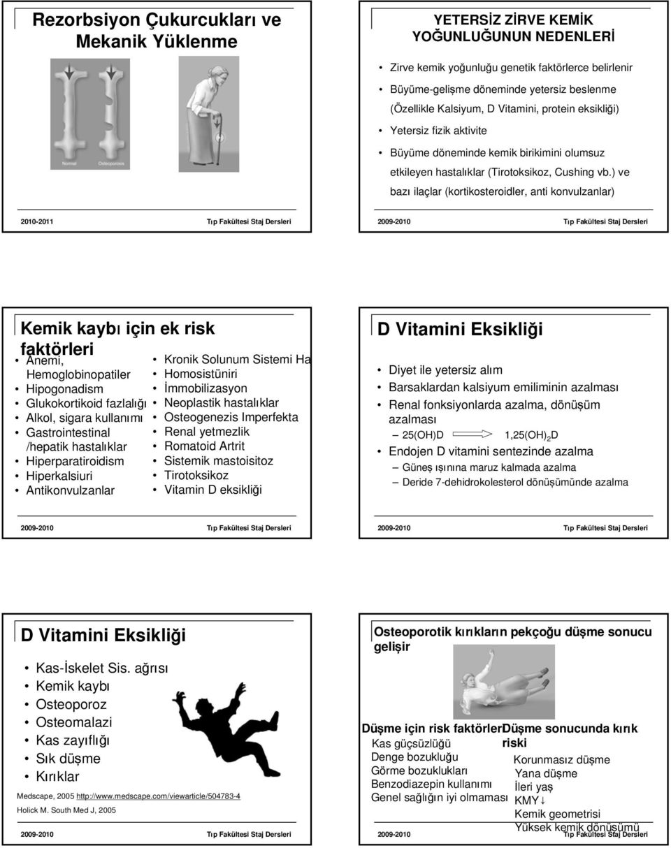 ) ve bazı ilaçlar (kortikosteroidler, anti konvulzanlar) 2010-2011 Tıp Fakültesi Staj Dersleri kaybı için ek risk faktörleri Anemi, Hemoglobinopatiler Hipogonadism Glukokortikoid fazlalığı Alkol,