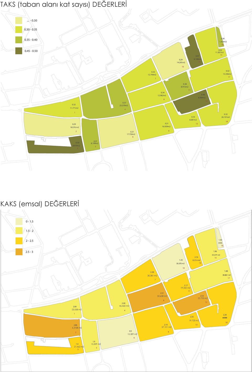 37 8.199m2 5 KAKS (emsal) DEĞERLERİ 0-1.5 1.5-2 2-2.5 1.50 2220 16 2.5-3 1.96 1.43 20.370 m2 2.16 13.214 m2 14 22.319 m2 15 2.38 30.381 m2 7 10 1.88 28.881 m2 17 2.00 23.558 m2 1 2.