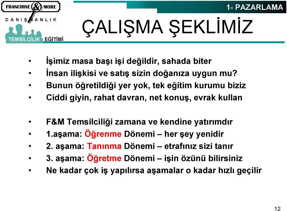 Bunun öğretildiği yer yok, tek eğitim kurumu biziz Ciddi giyin, rahat davran, net konuş, evrak kullan F&M