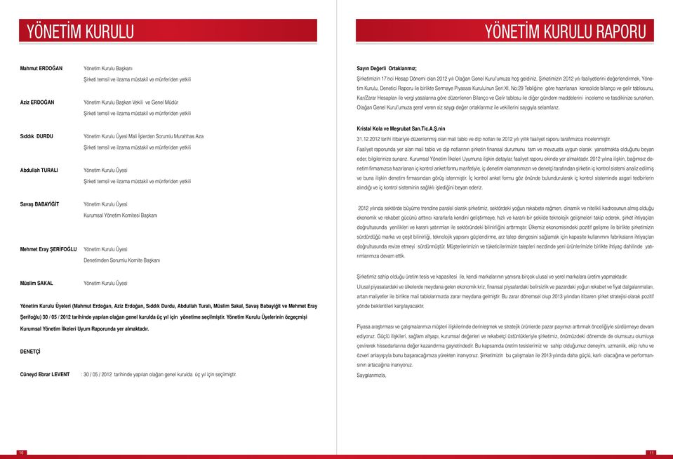 Şirketimizin 2012 yılı faaliyetlerini değerlendirmek, Yönetim Kurulu, Denetici Raporu ile birlikte Sermaye Piyasası Kurulu nun Seri:XI, No:29 Tebliğine göre hazırlanan konsolide bilanço ve gelir