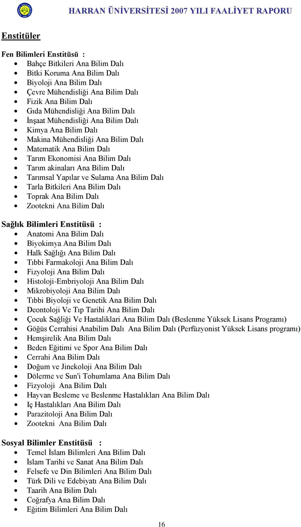 Yapılar ve Sulama Ana Bilim Dalı Tarla Bitkileri Ana Bilim Dalı Toprak Ana Bilim Dalı Zootekni Ana Bilim Dalı Sağlık Bilimleri Enstitüsü : Anatomi Ana Bilim Dalı Biyokimya Ana Bilim Dalı Halk Sağlığı