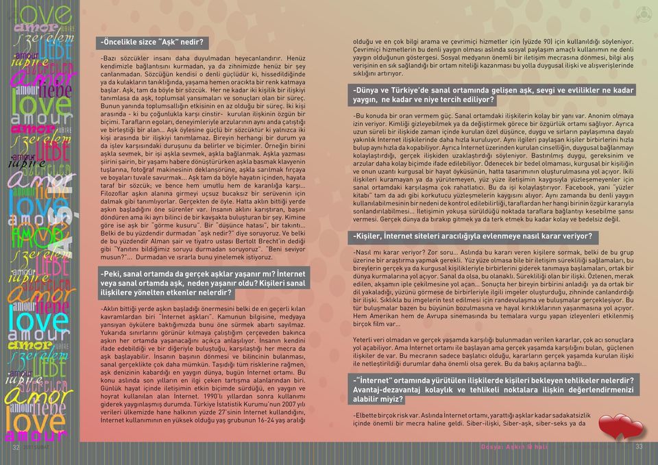 Her ne kadar iki kişilik bir ilişkiyi tanımlasa da aşk, toplumsal yansımaları ve sonuçları olan bir süreç. Bunun yanında toplumsallığın etkisinin en az olduğu bir süreç.