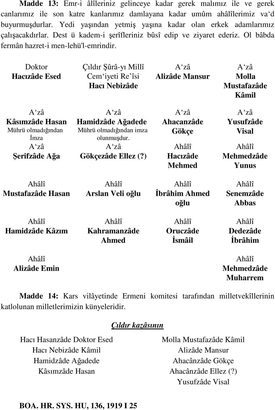 Doktor Hacızâde Esed Çıldır Şûrâ-yı Millî Cem iyeti Re îsi Hacı Nebizâde A zâ Alizâde Mansur A zâ Molla Mustafazâde Kâmil A zâ Kâsımzâde Hasan Mührü olmadığından İmza A zâ Şerifzâde Ağa A zâ