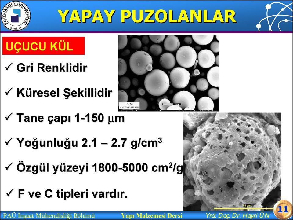 7 g/cm 3 Özgül l yüzeyi y 1800-5000 cm 2 /g F ve C tipleri