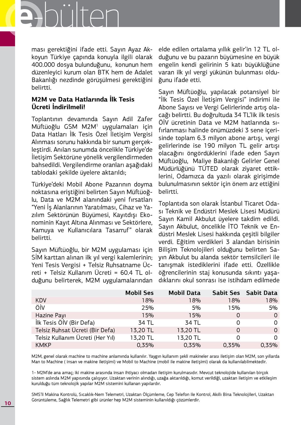 Toplantının devamında Sayın Adil Zafer Müftüoğlu GSM M2M 1 uygulamaları için Data Hatları İlk Tesis Özel İletişim Vergisi Alınması sorunu hakkında bir sunum gerçekleştirdi.