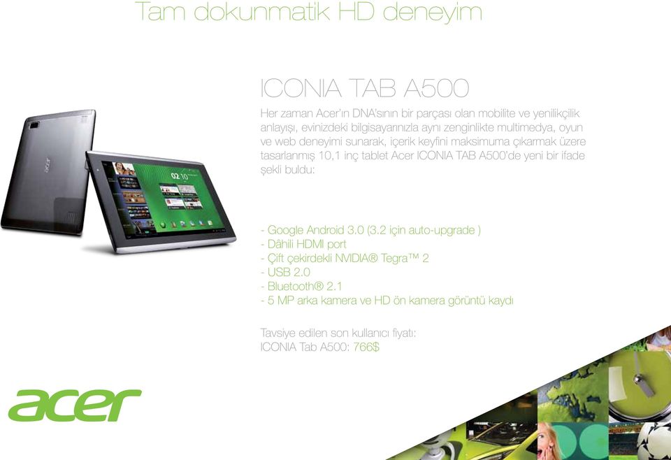 tasarlanmış 10,1 inç tablet Acer ICONIA TAB A500 de yeni bir ifade şekli buldu: - Google Android 3.0 (3.