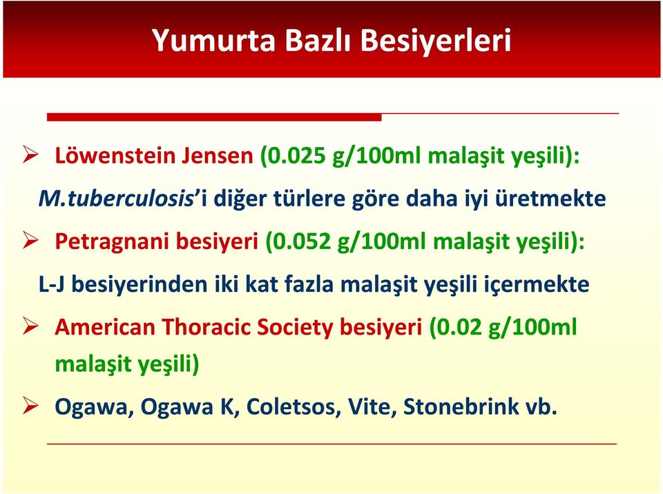 052 g/100ml malaşit yeşili) yeşili): L-J besiyerinden besiyerinden iki kat fazla malaş malaşit yeş yeşili