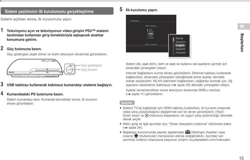 Güç göstergesi yeşile döner ve resim televizyon ekranında görüntülenir. TR Başlarken Güç göstergesi Güç butonu 3 USB kablosu kullanarak kablosuz kumandayı sisteme bağlayın.