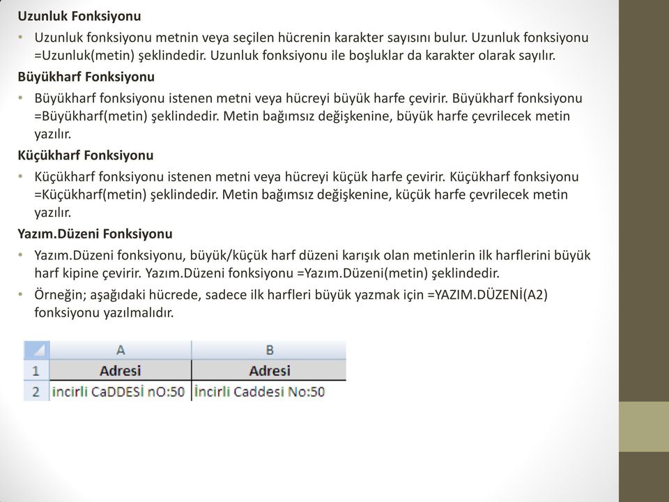 Metin bağımsız değişkenine, büyük harfe çevrilecek metin yazılır. Küçükharf Fonksiyonu Küçükharf fonksiyonu istenen metni veya hücreyi küçük harfe çevirir.