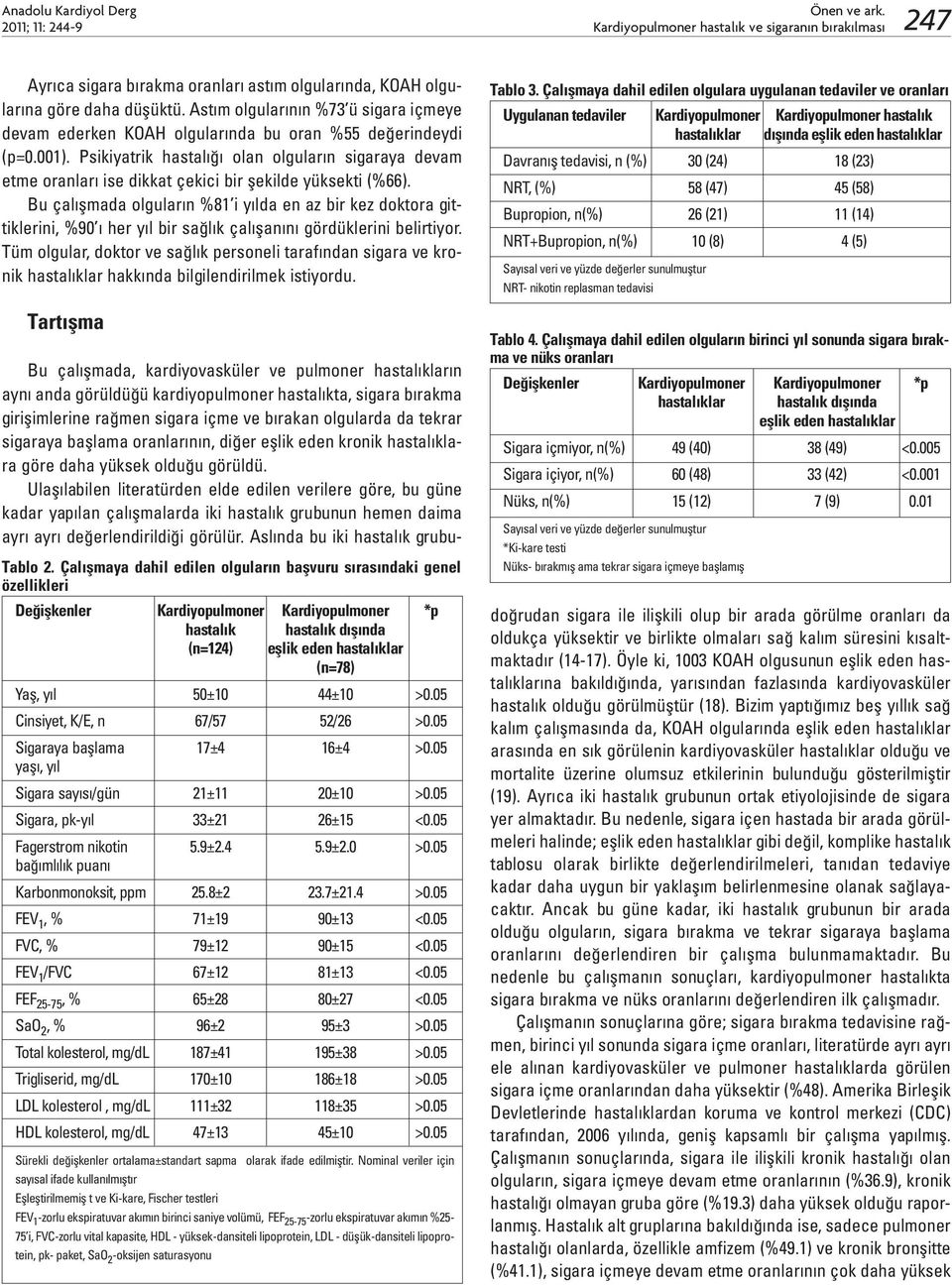 Psikiyatrik hastalığı olan olguların sigaraya devam etme oranları ise dikkat çekici bir şekilde yüksekti (%66).