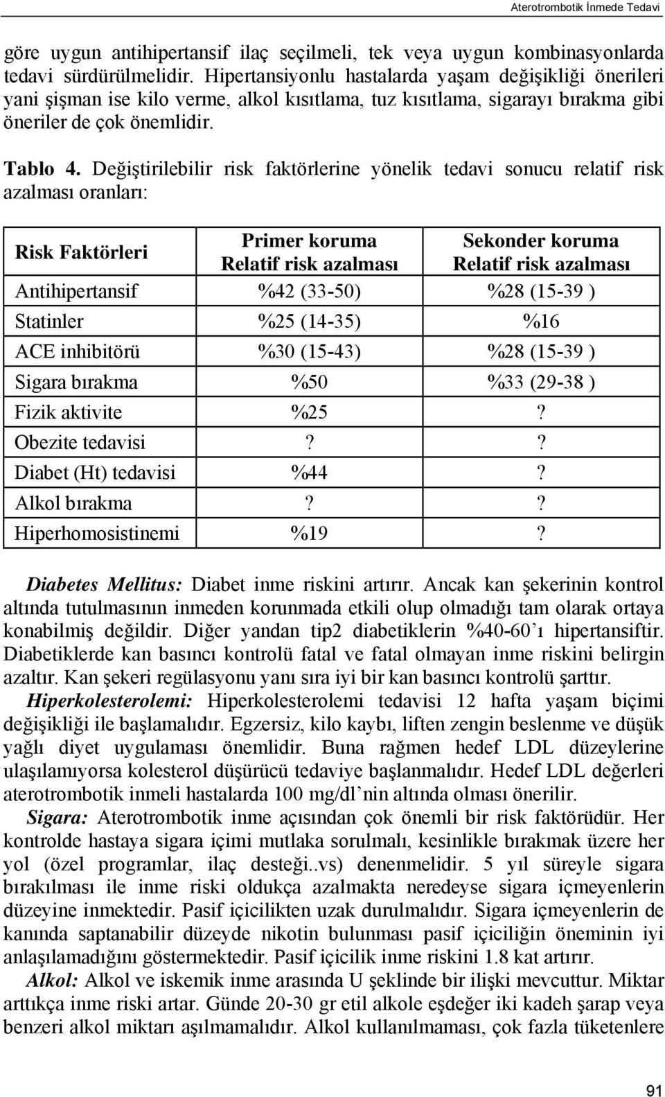 Değiştirilebilir risk faktörlerine yönelik tedavi sonucu relatif risk azalması oranları: Risk Faktörleri Primer koruma Sekonder koruma Relatif risk azalması Relatif risk azalması Antihipertansif %42