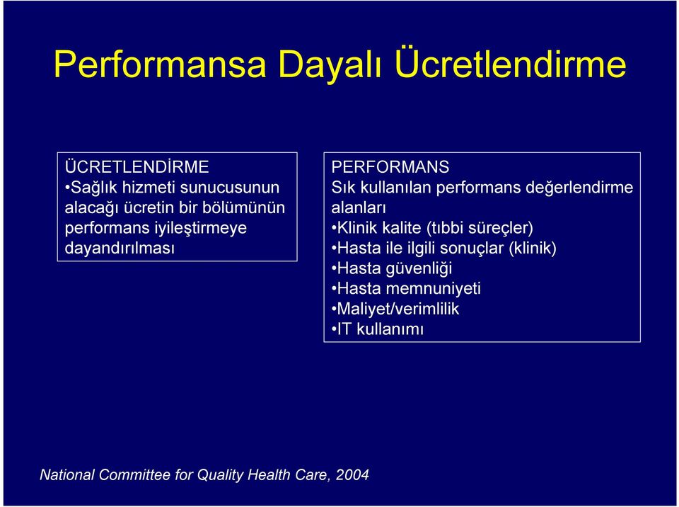 değerlendirme alanları Klinik kalite (tıbbi süreçler) Hasta ile ilgili sonuçlar (klinik) Hasta