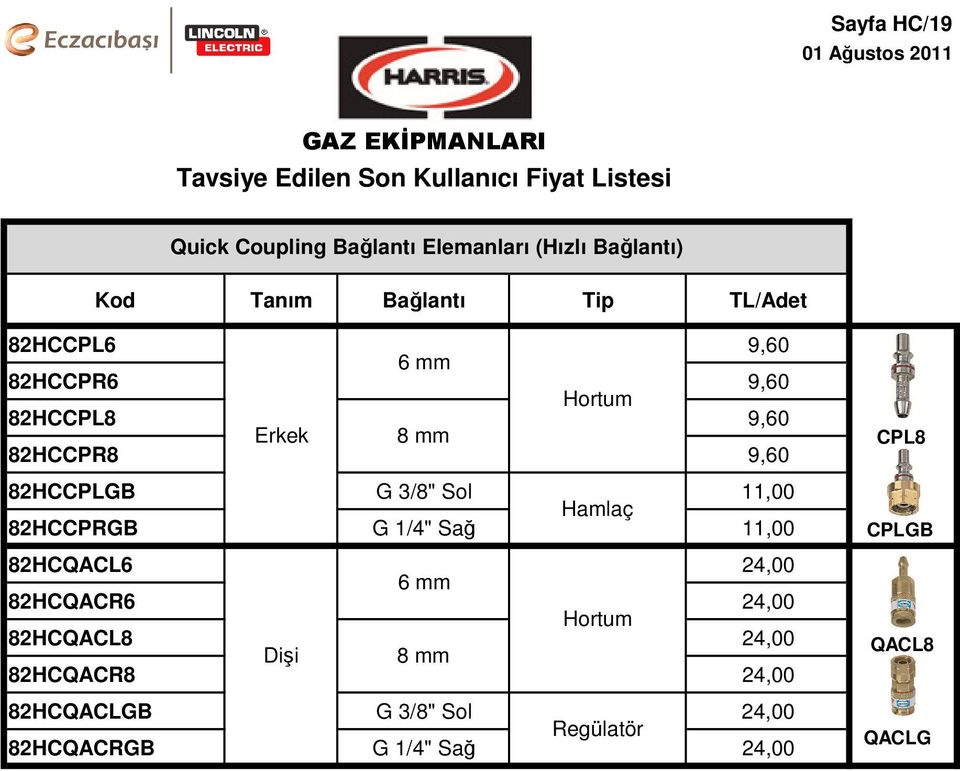 82HCCPRGB G 1/4" Sağ 11,00 82HCQACL6 24,00 6 mm 82HCQACR6 24,00 Hortum 82HCQACL8 24,00 Dişi 8 mm