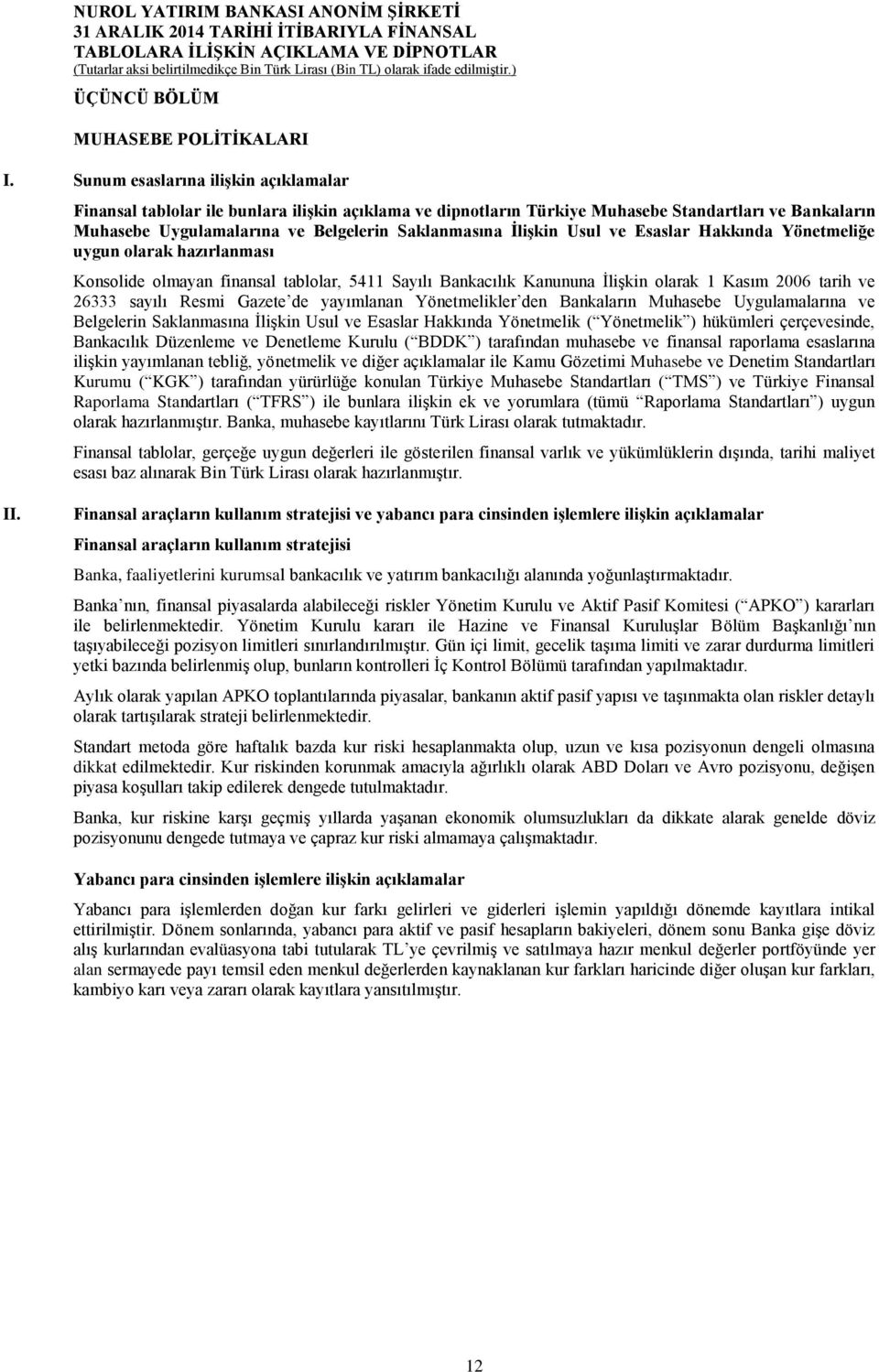 İlişkin Usul ve Esaslar Hakkında Yönetmeliğe uygun olarak hazırlanması Konsolide olmayan finansal tablolar, 5411 Sayılı Bankacılık Kanununa İlişkin olarak 1 Kasım 2006 tarih ve 26333 sayılı Resmi