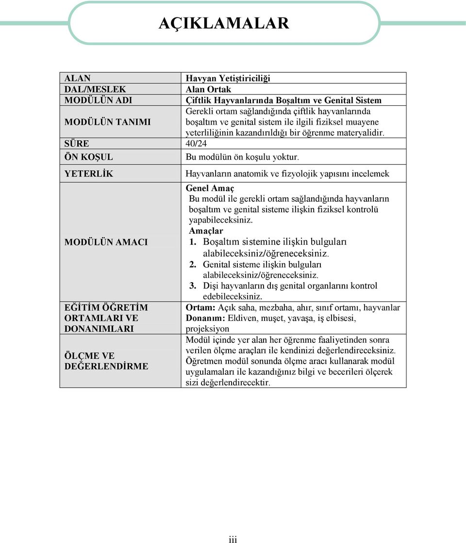 YETERLĠK MODÜLÜN AMACI EĞĠTĠM ÖĞRETĠM ORTAMLARI VE DONANIMLARI ÖLÇME VE DEĞERLENDĠRME AÇIKLAMALAR Hayvanların anatomik ve fizyolojik yapısını incelemek Genel Amaç Bu modül ile gerekli ortam