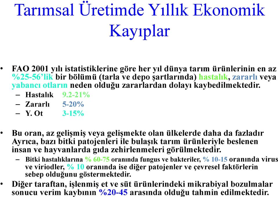 Ot 3-15% Bu oran, az gelişmiş veya gelişmekte olan ülkelerde daha da fazladır Ayrıca, bazı bitki patojenleri ile bulaşık tarım ürünleriyle beslenen insan ve hayvanlarda gıda zehirlenmeleri