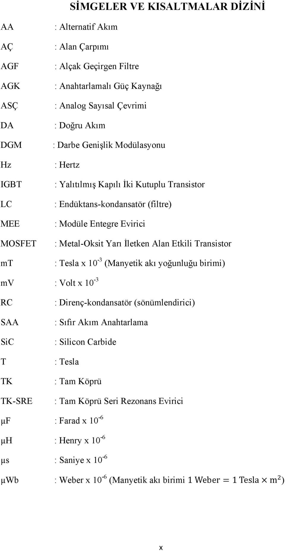 İletken Alan Etkili Transistor : Tesla x 10-3 (Manyetik akı yoğunluğu birimi) mv : Volt x 10-3 RC SAA SiC T TK TK-SRE : Direnç-kondansatör (sönümlendirici) : Sıfır Akım Anahtarlama :