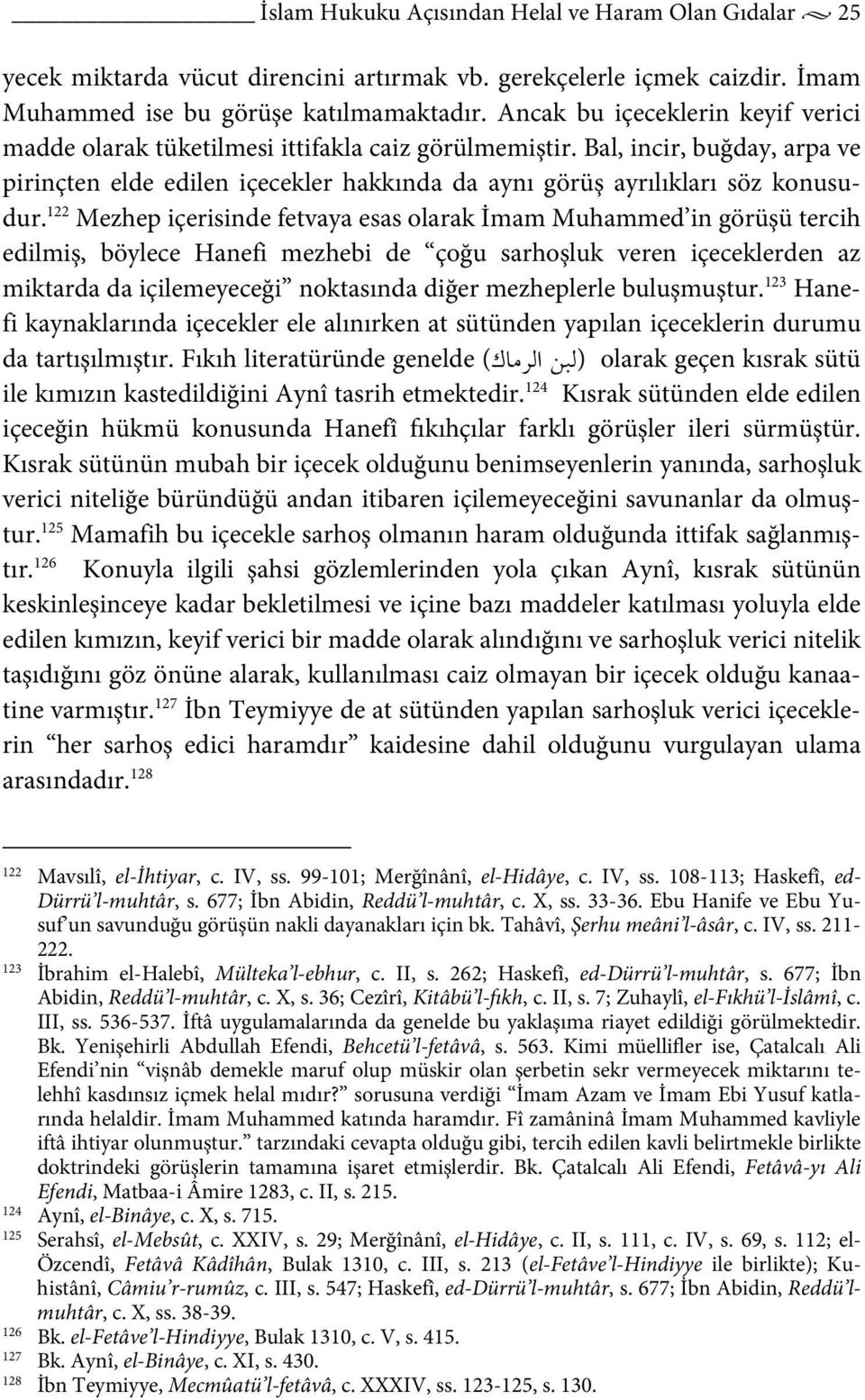 122 Mezhep içerisinde fetvaya esas olarak İmam Muhammed in görüşü tercih edilmiş, böylece Hanefi mezhebi de çoğu sarhoşluk veren içeceklerden az miktarda da içilemeyeceği noktasında diğer mezheplerle