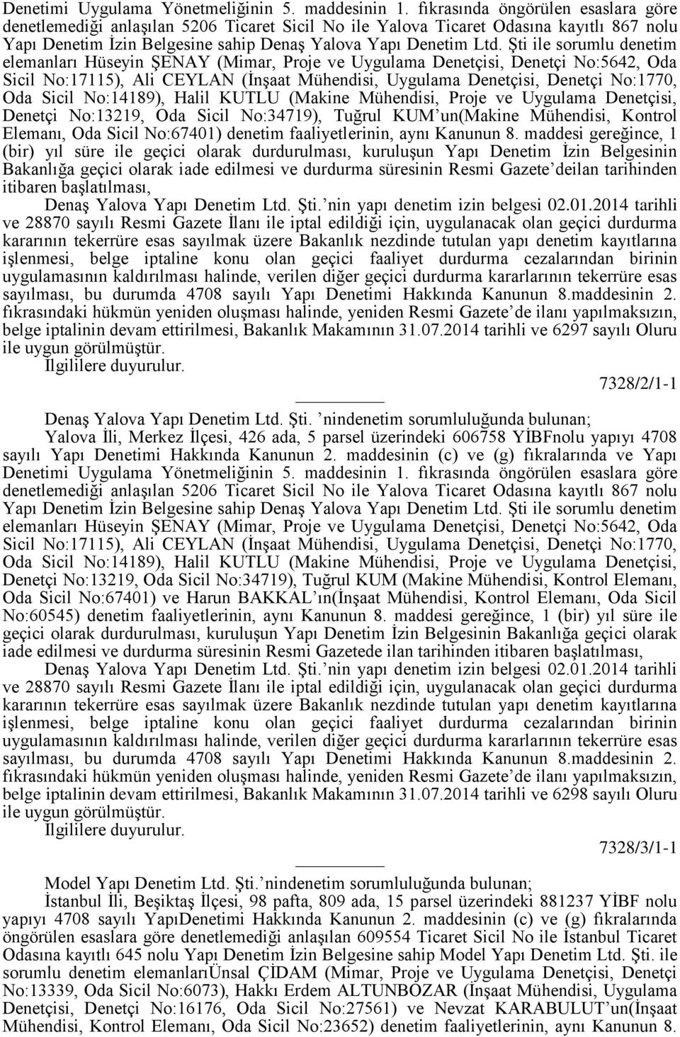 Şti ile sorumlu denetim elemanları Hüseyin ŞENAY (Mimar, Proje ve Uygulama Denetçisi, Denetçi No:5642, Oda Sicil No:17115), Ali CEYLAN (İnşaat Mühendisi, Uygulama Denetçisi, Denetçi No:1770, Oda