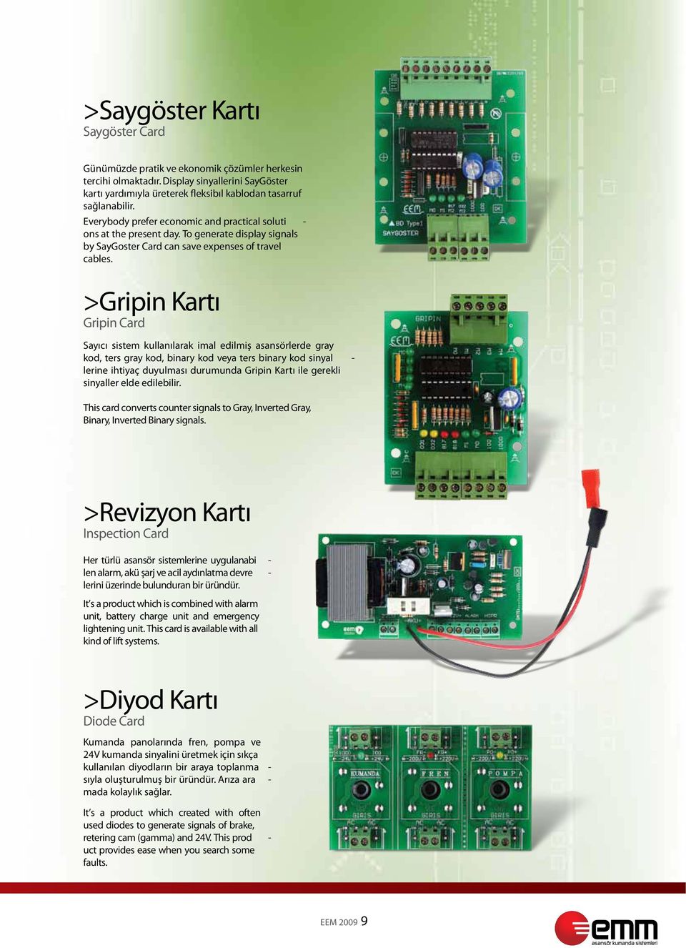 >Gripin Kartı Gripin Card Sayıcı sistem kullanılarak imal edilmiş asansörlerde gray kod, ters gray kod, binary kod veya ters binary kod sinyal - lerine ihtiyaç duyulması durumunda Gripin Kartı ile