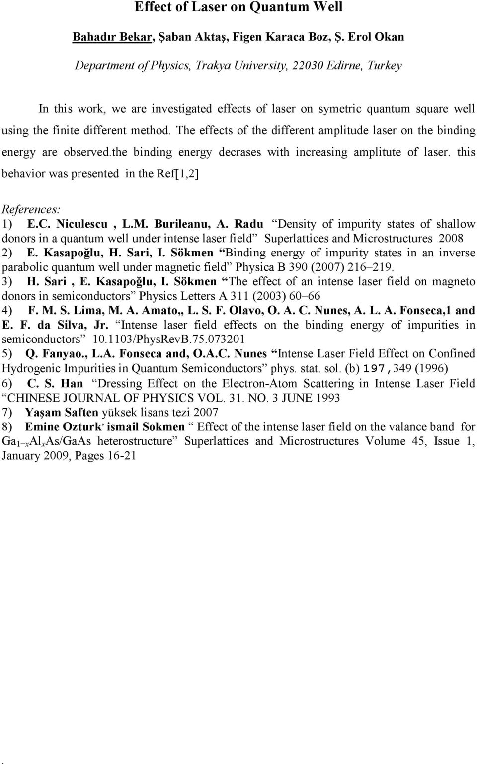 amplitute of laser this behavior was presented in the Ref[1,2] References: 1) EC iculescu, LM Burileanu, A Radu Density of impurity states of shallow donors in a quantum well under intense laser