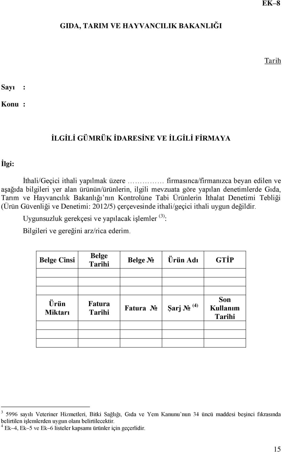 2012/5) çerçevesinde ithali/geçici ithali uygun değildir. Uygunsuzluk gerekçesi ve yapılacak işlemler (3) : Bilgileri ve gereğini arz/rica ederim.