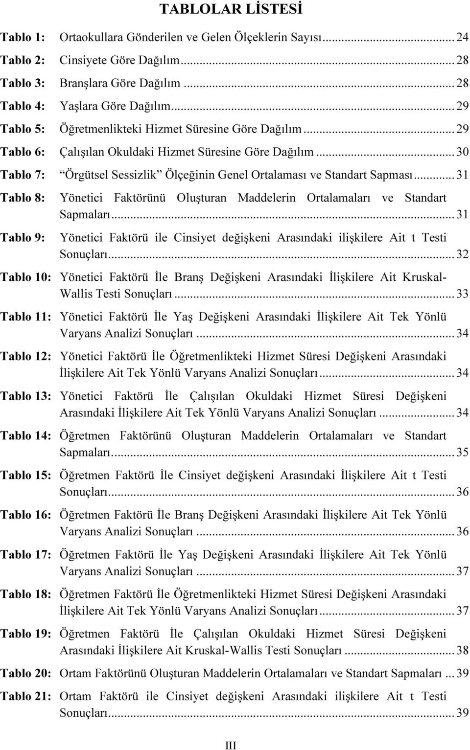 .. 30 Tablo 7: Örgütsel Sessizlik Ölçeğinin Genel Ortalaması ve Standart Sapması... 31 Tablo 8: Tablo 9: Yönetici Faktörünü Oluşturan Maddelerin Ortalamaları ve Standart Sapmaları.