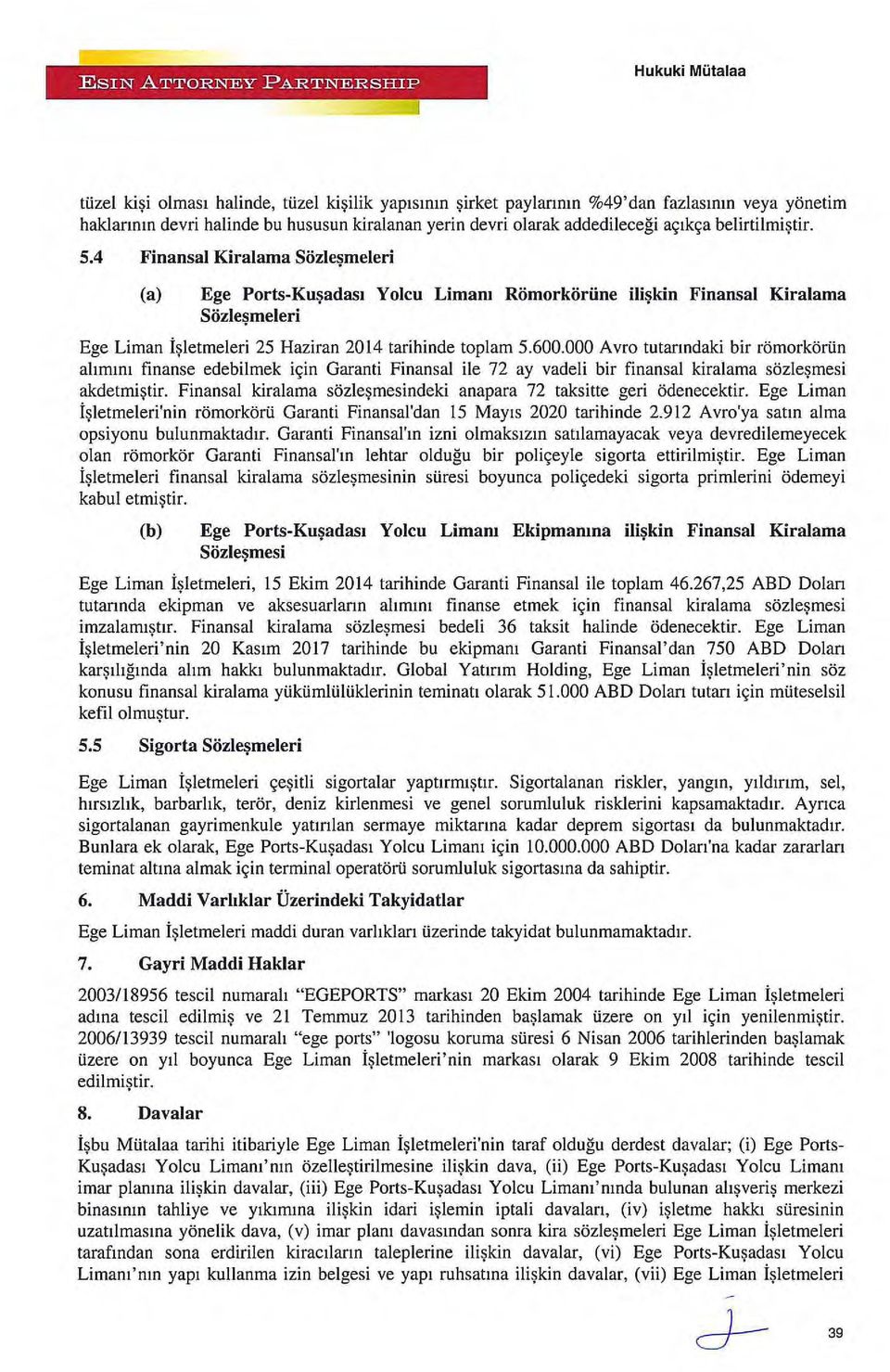 000 Avro tutarındaki bir römorkörtin alımını finanse edebilmek için Garanti Finansal ile 72 ay vadeli bir finansal kiralama sözleşmesi akdetmiştir.