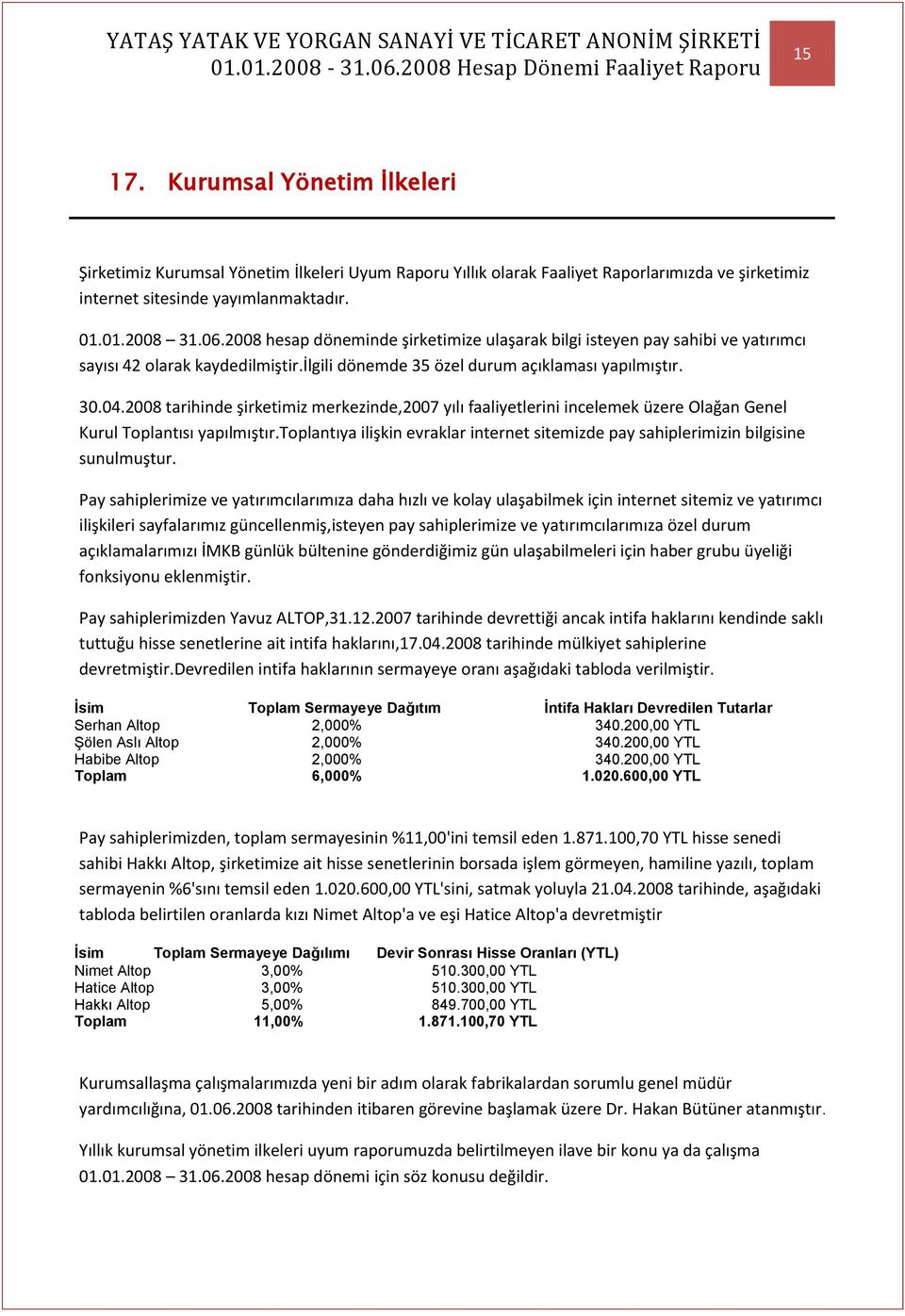 2008 tarihinde şirketimiz merkezinde,2007 yılı faaliyetlerini incelemek üzere Olağan Genel Kurul Toplantısı yapılmıştır.