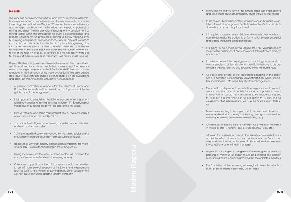 Within the concept of this study a panel to discuss and propose solutions for the problems of mining, a survey reaching over 500 mining companies, correspondences with 42 different institutions from