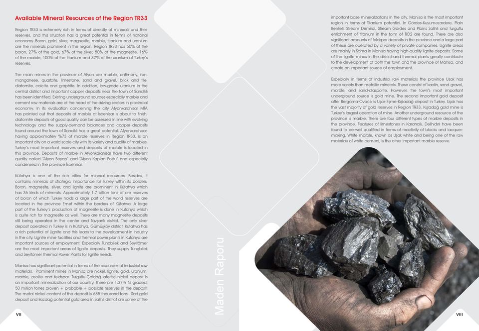 Region TR33 has 50% of the boron, 27% of the gold, 67% of the silver, 50% of the magnesite, 16% of the marble, 100% of the titanium and 37% of the uranium of Turkey s reserves.