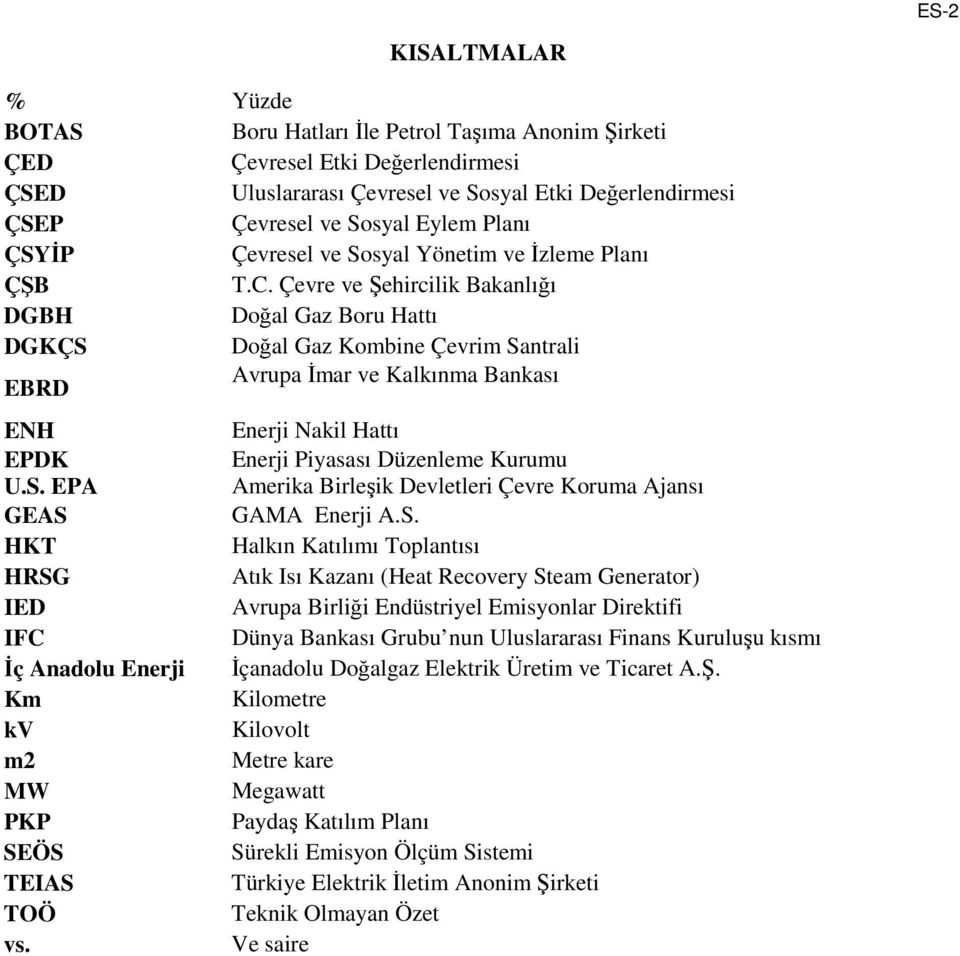 Çevre ve Şehircilik Bakanlığı DGBH Doğal Gaz Boru Hattı DGKÇS Doğal Gaz Kombine Çevrim Santrali EBRD Avrupa İmar ve Kalkınma Bankası ENH Enerji Nakil Hattı EPDK U.S. EPA Enerji Piyasası Düzenleme Kurumu Amerika Birleşik Devletleri Çevre Koruma Ajansı GEAS GAMA Enerji A.