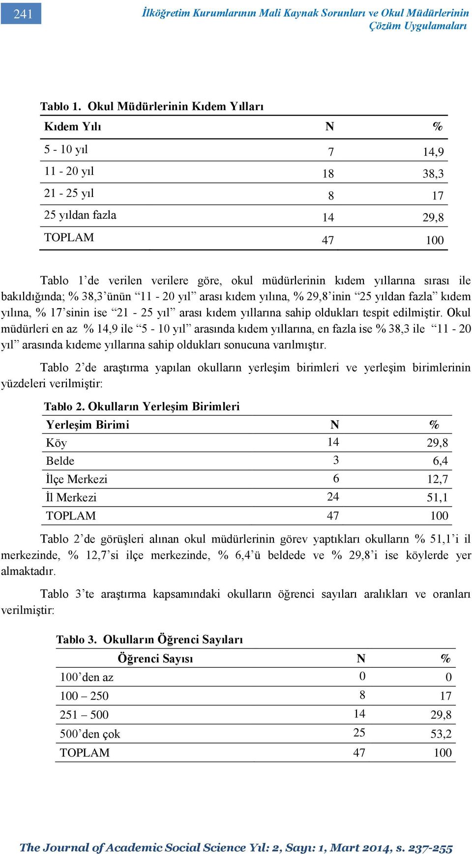 yıllarına sırası ile bakıldığında; % 38,3 ünün 11-20 yıl arası kıdem yılına, % 29,8 inin 25 yıldan fazla kıdem yılına, % 17 sinin ise 21-25 yıl arası kıdem yıllarına sahip oldukları tespit edilmiştir.