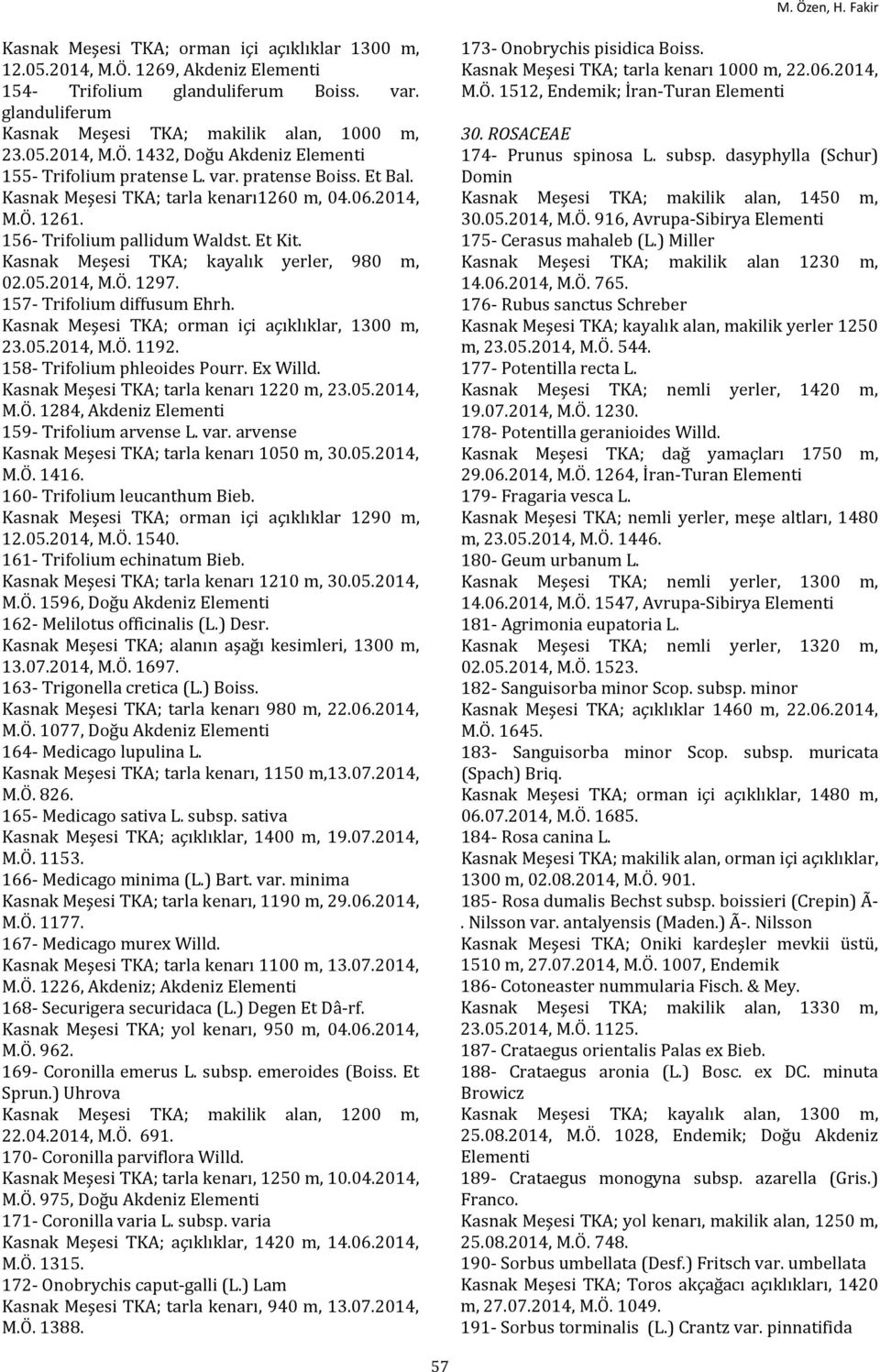 157- Trifolium diffusum Ehrh. Kasnak Meşesi TKA; orman içi açıklıklar, 1300 m, 23.05.2014, M.Ö. 1192. 158- Trifolium phleoides Pourr. Ex Willd. Kasnak Meşesi TKA; tarla kenarı 1220 m, 23.05.2014, M.Ö. 1284, Akdeniz 159- Trifolium arvense L.