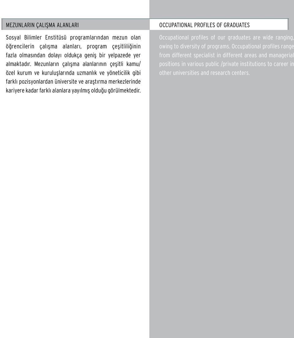 Mezunların çalışma alanlarının çeşitli kamu/ özel kurum ve kuruluşlarında uzmanlık ve yöneticilik gibi farklı pozisyonlardan üniversite ve araştırma merkezlerinde kariyere kadar farklı